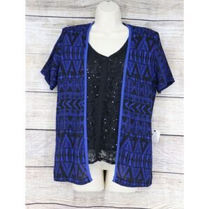 Ninalee Marineblu Womens Sz Small Medium Padded Shoulder Sequin Lace Top Set Blu